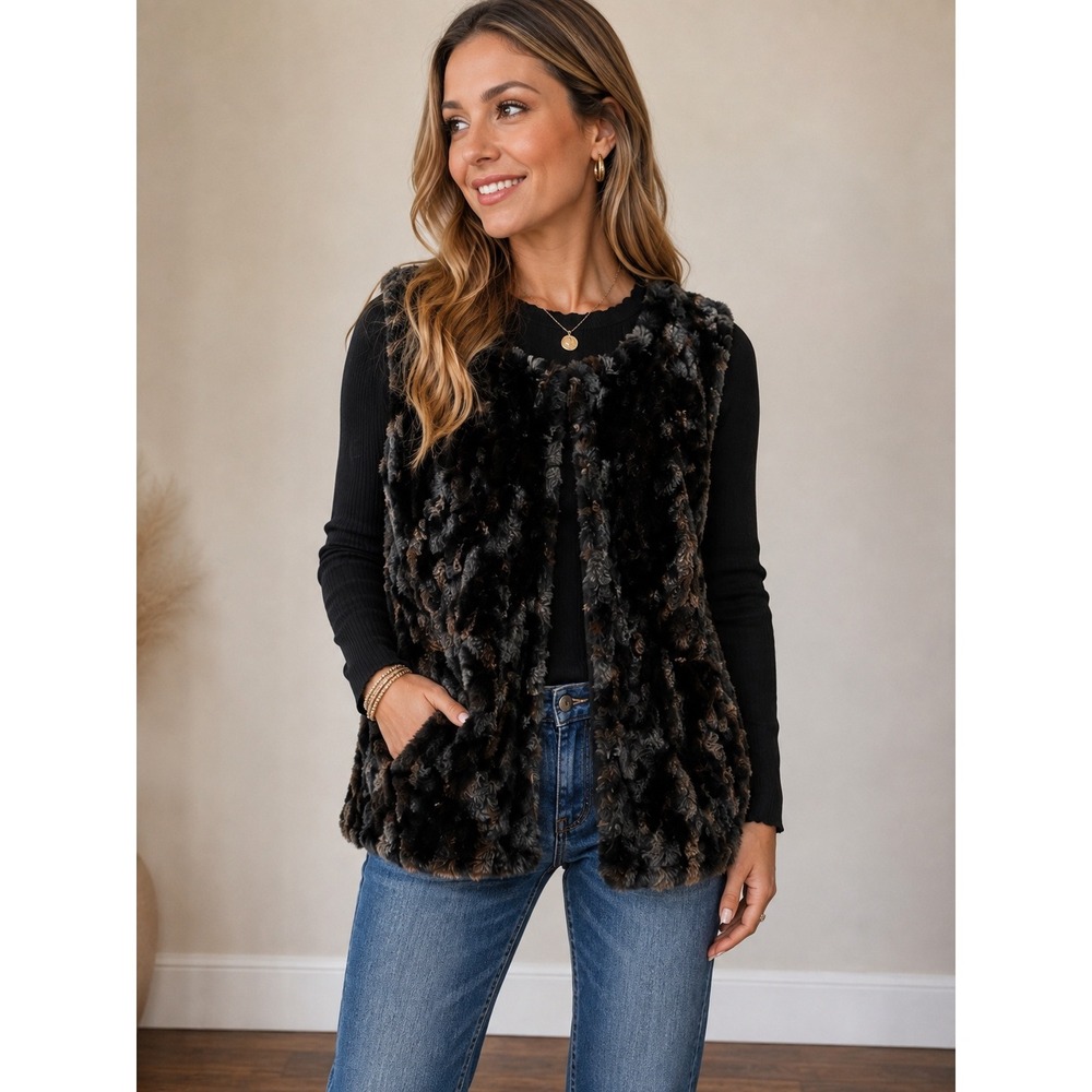 J by Les Modes ASM Fashions Faux Fur Front Mixed Media Top Black Brown XS